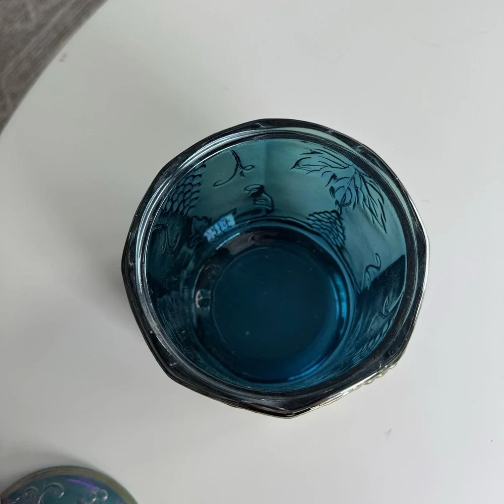 VTG Indiana Blue Grape Harvest Carnival Glass Candy Canister Iridescent W/lid